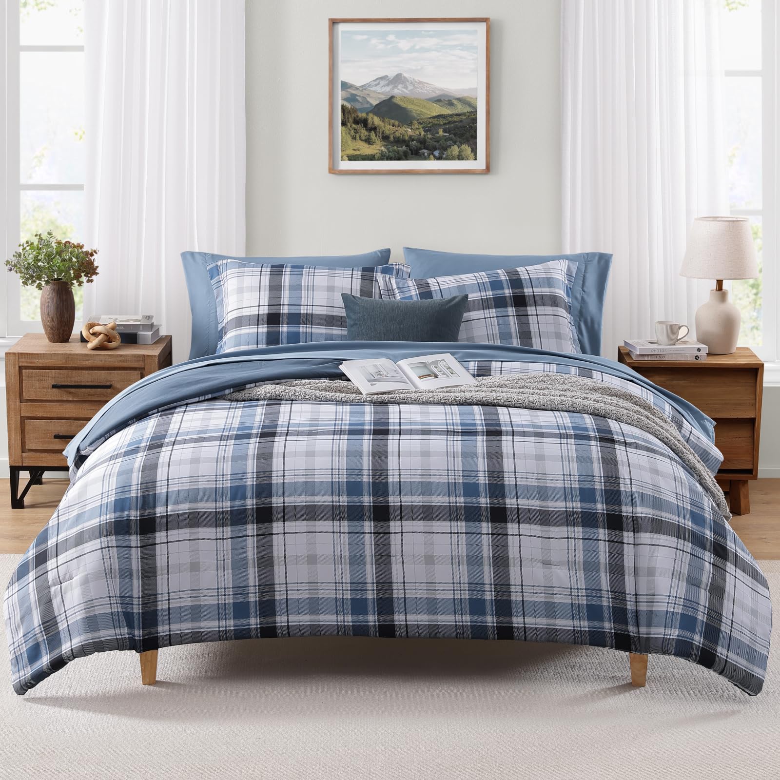 MaiRêve Plaid Twin XL Comforter Set Navy Blue 5 Pieces Dorm Bed in a Bag | Rustic Farmhouse Bedding Sets for Boys Teen with Sheets, Pillowcase & Sham
