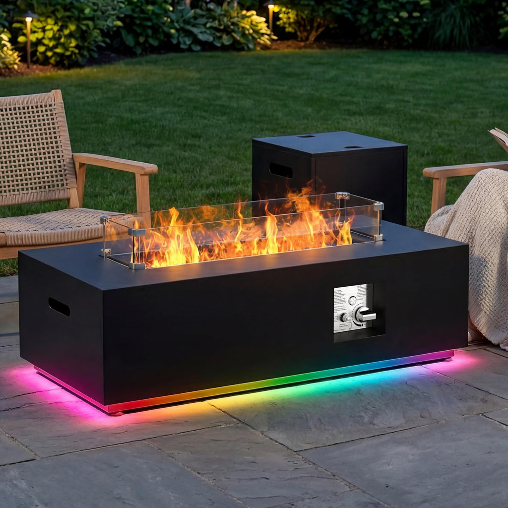 SUNPEAK 42" Modern Fire Pit Table with LED Light 50,000 BTU Deck Fire Pit Table Includes Wind Guard, Lid, Rocks & Cover - Propane Gas Patio Fireplace, Chimenea para Patio (Grey/Golden Light, 42" LED)