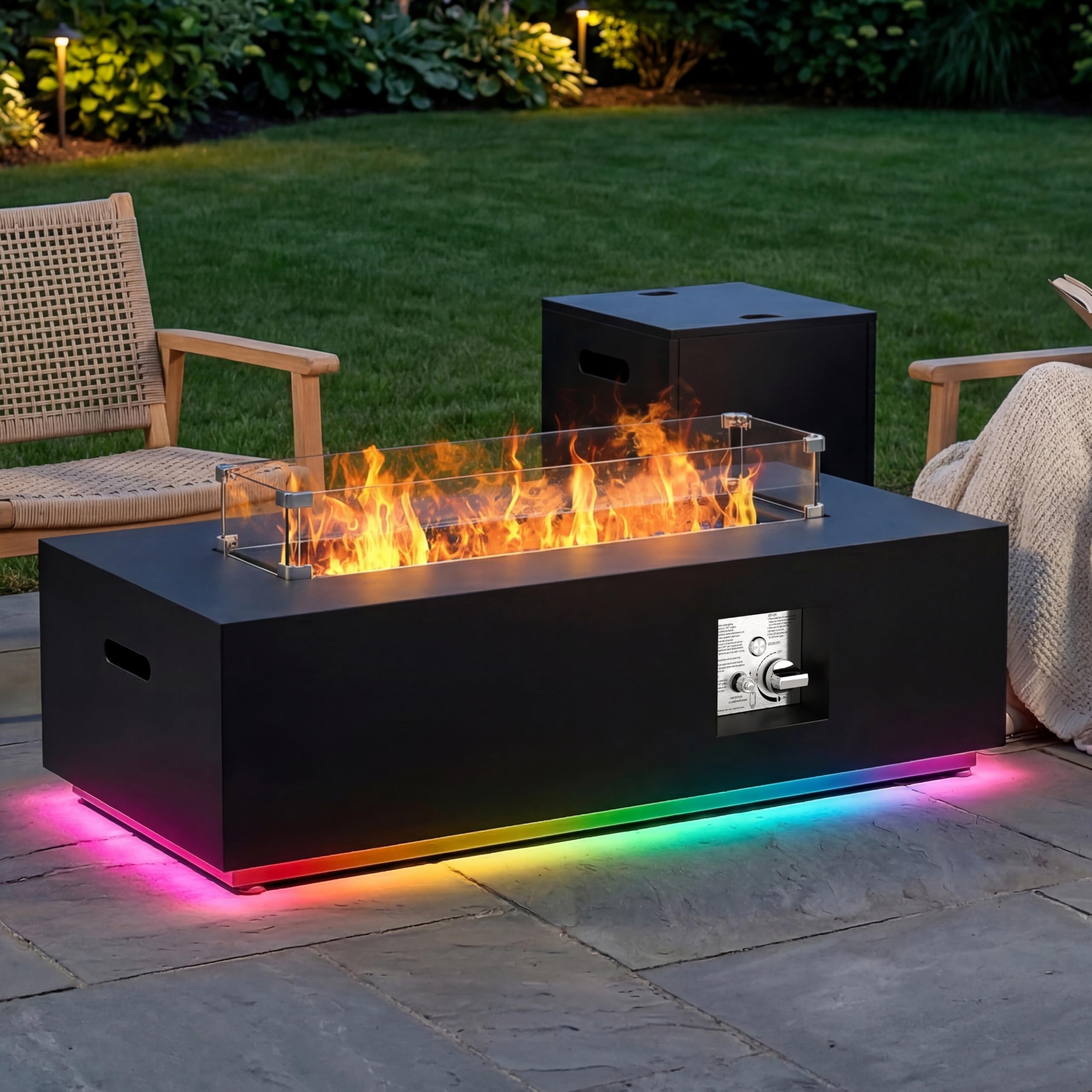 SUNPEAK 42" Modern Fire Pit Table with LED Light 50,000 BTU Deck Fire Pit Table Includes Wind Guard, Lid, Rocks & Cover - Propane Gas Patio Fireplace, Chimenea para Patio (Grey/Golden Light, 42" LED)