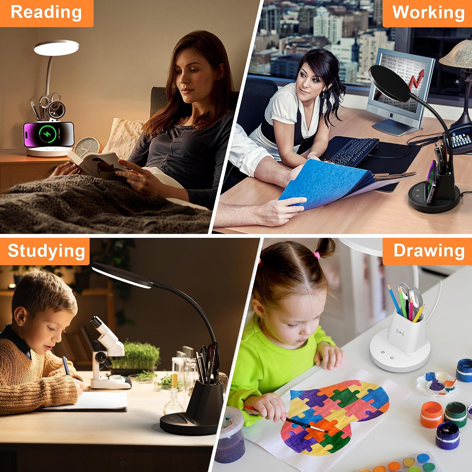 LED Desk Lamp with Wireless Charger for Home Office, Black | 3 Color Modes Dimmable Eye-Caring Study Desk Light for College Dorm Room, 360° Flexible Arm, Built-in Pen Holder, 800 Lumen