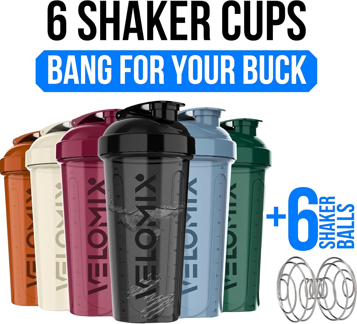 VELOMIX 6 Pack 28 oz Protein Shaker Bottle for Mixes - 6 Wire Whisk Balls | Leak Proof Cups for Supplements | BPA-Free Gym & Fitness (Earth Tones Collection)
