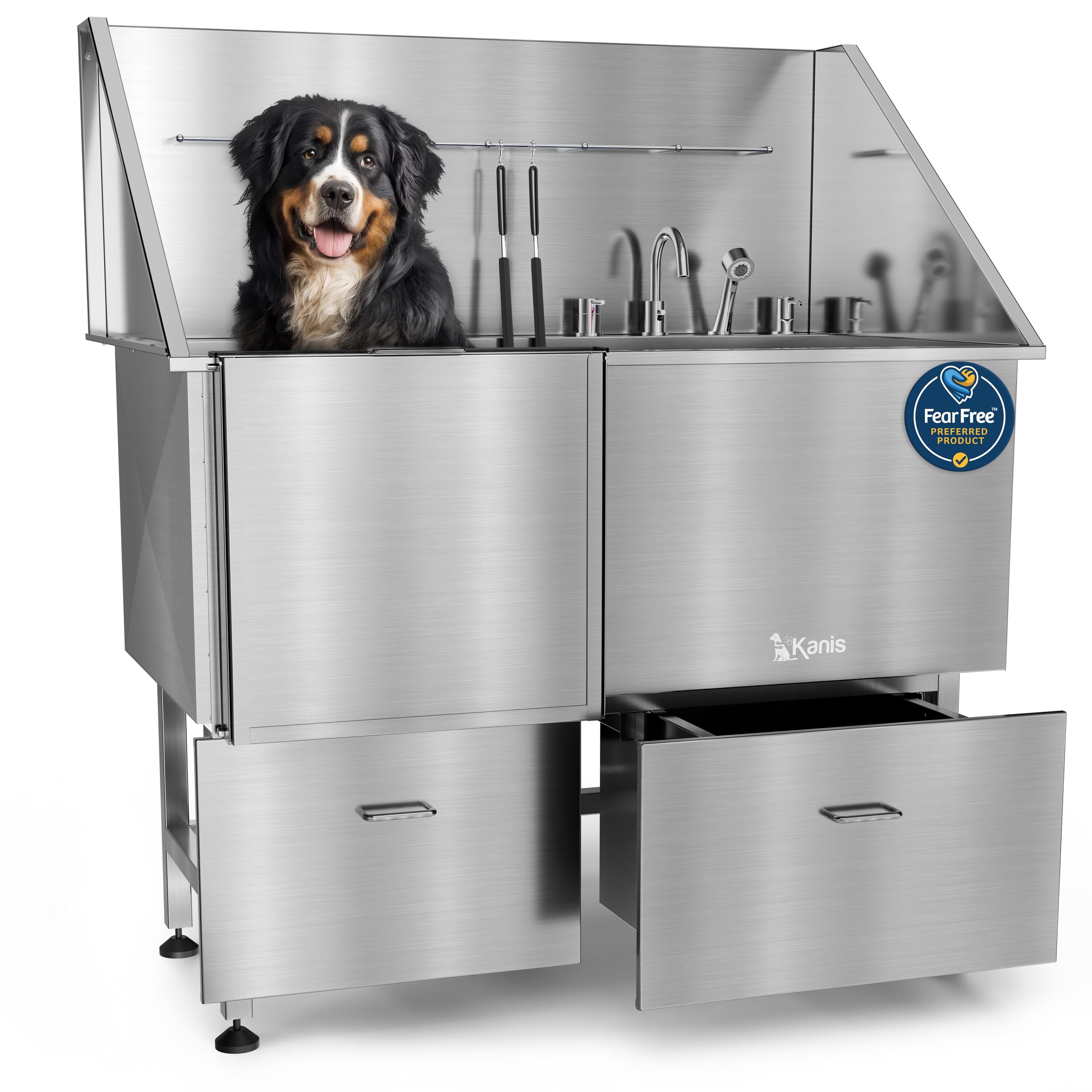 KANIS Professional Dog Washing Station 304 Stainless Steel Pet Wash Sink & Grooming Bathtub w/Shower, Floor Grates and Storage for Large, Medium & Small Pets (Silver, 50 Inches, Right Ramp, 1 Drawer)
