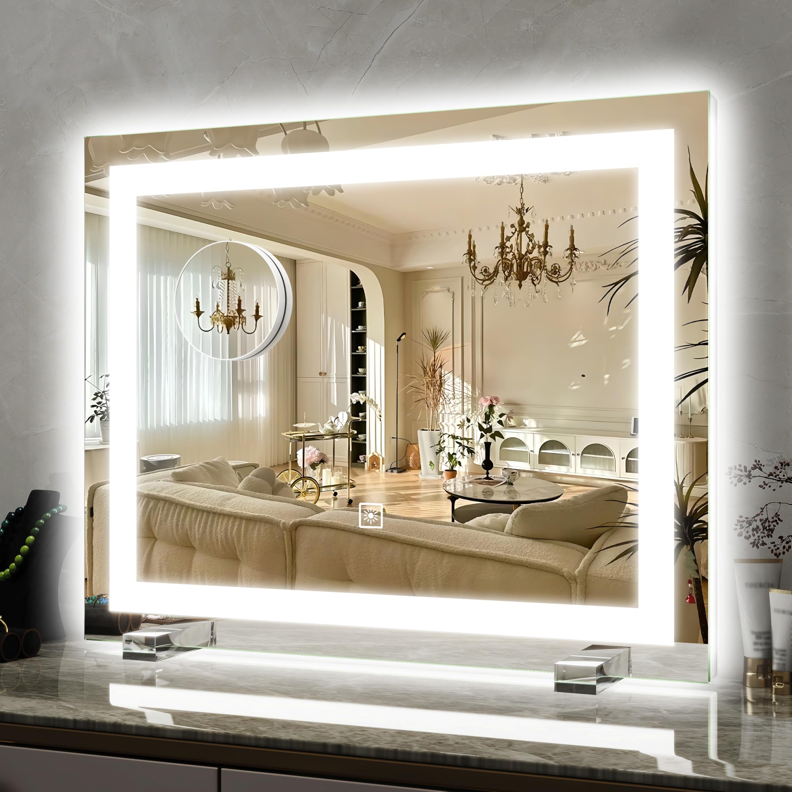 ROLOVE Vanity Mirror with Lights, 12.6"x15" LED Makeup Mirror with Lights, Smart Touch Control 3 Color Dimmable, Lighted Desk Mirror for Bedroom, Light Up Mirror
