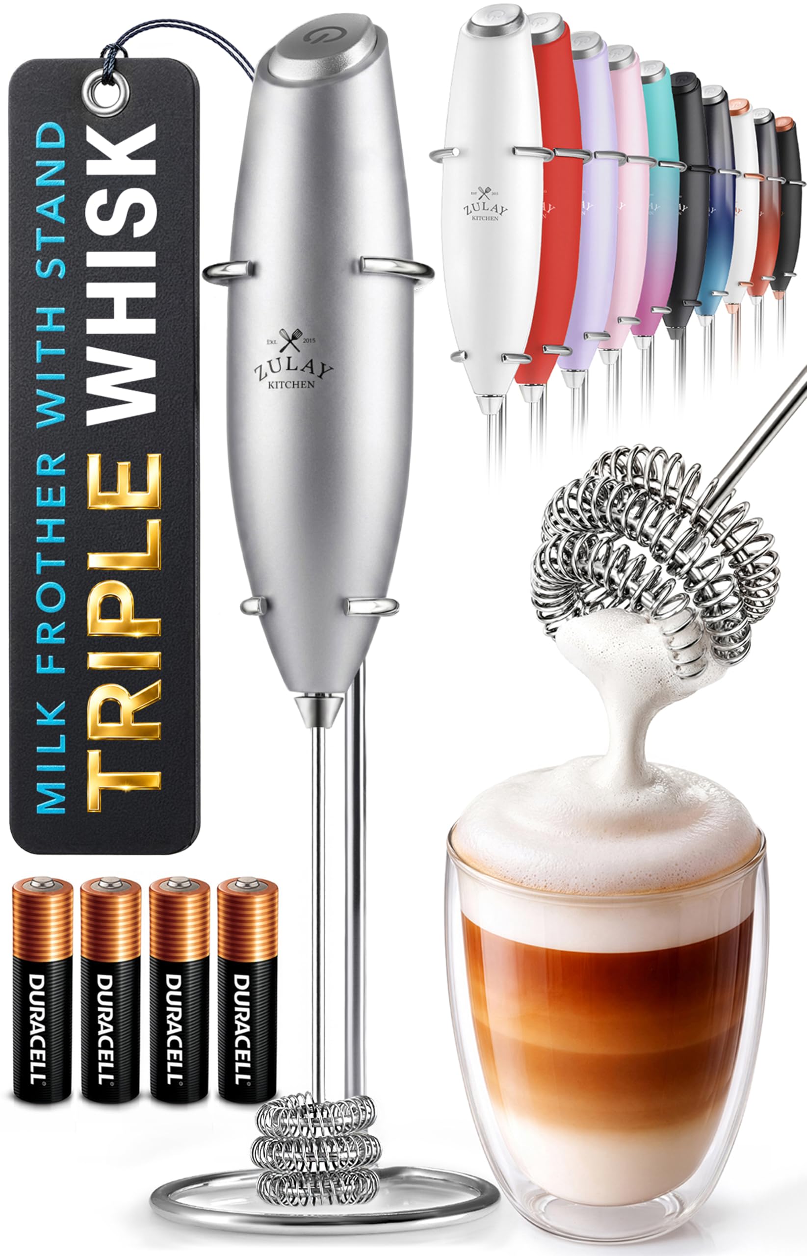 Zulay Kitchen Powerful Milk Frother Wand With Duracell Batteries - Ultra Fast Handheld Drink Mixer - Electric Whisk Foam Maker for Coffee, Lattes, Cappuccino & Matcha - Z1 Motor - Black