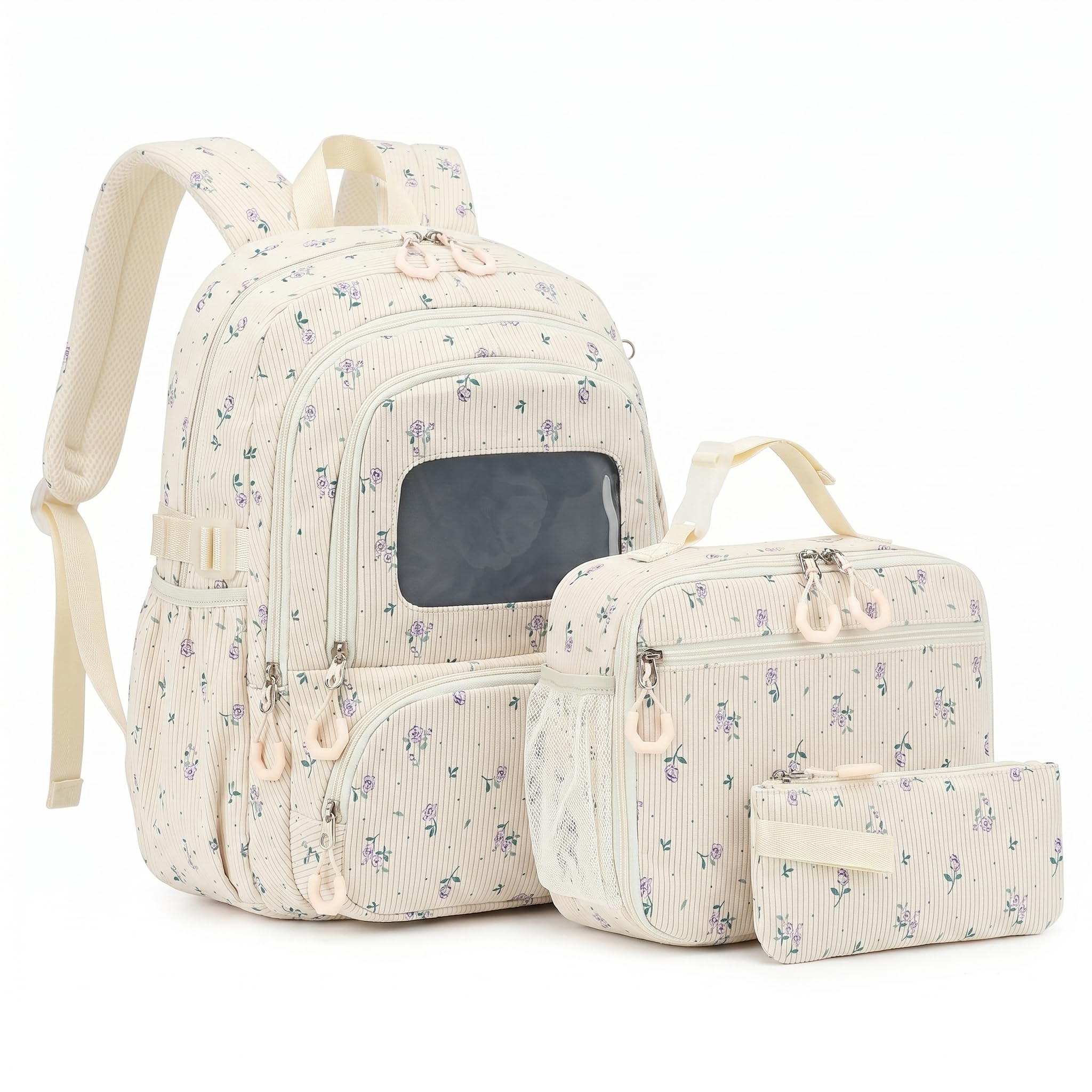 Corduroy School Backpack Set for Girls Boys Women, 3Pcs Kids Bookbag with Lunch Box & Pencil Pouch, Elementary Middle High School College Daypack 15.6" Laptop Bag for Work Travel, Leopard Brown