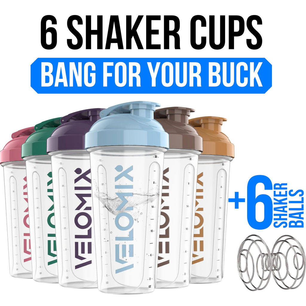 VELOMIX 6 Pack 28 oz Protein Shaker Bottle for Mixes - 6 Wire Whisk Balls | Leak Proof Cups for Supplements | BPA-Free Gym & Fitness (Earth Tones Collection)
