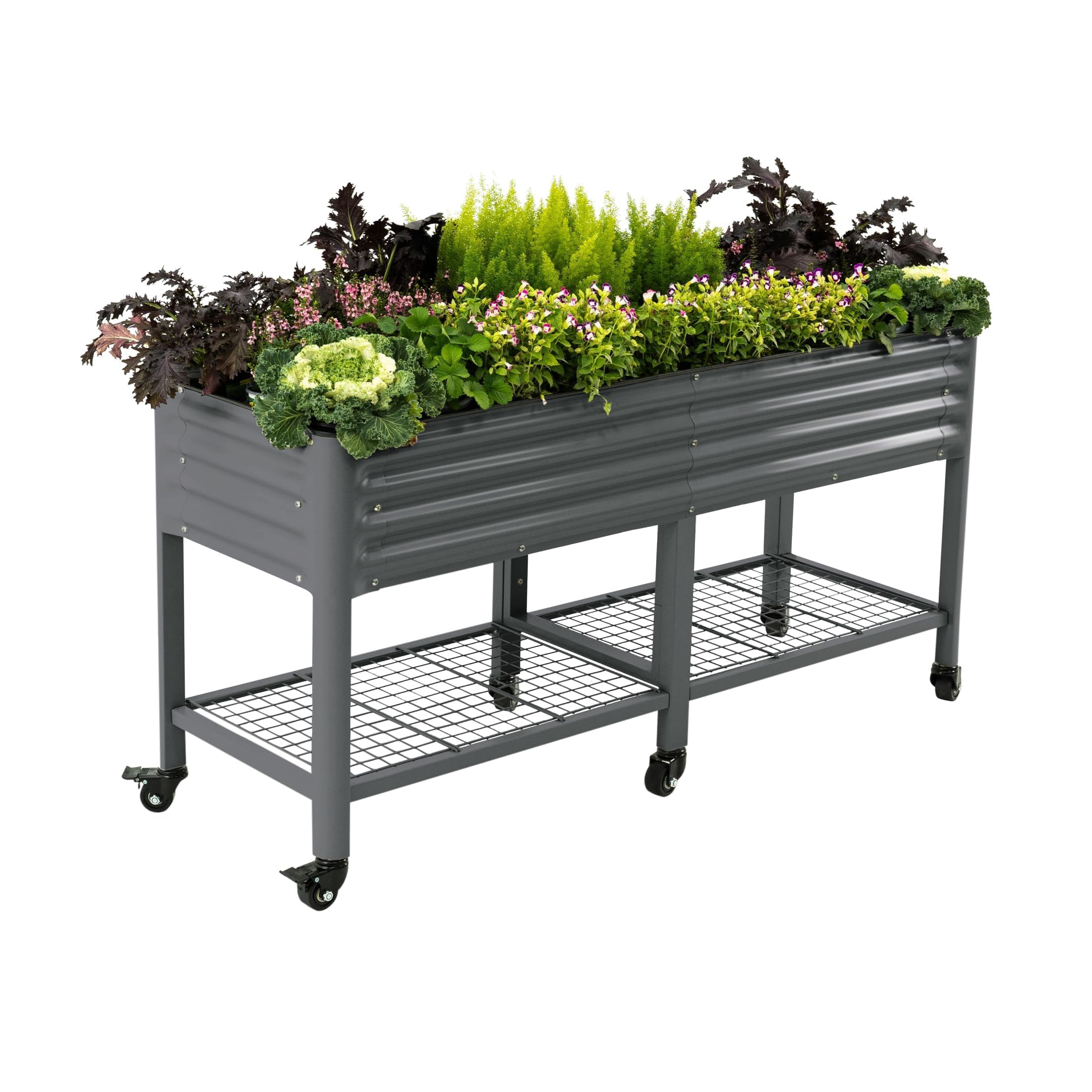 Rolling Elevated Raised Garden Bed, 2' x 4' Outdoor Planters Boxes with Legs & Storage Rack for Patio, 700 Lbs Weight Capacity, Raised Beds for Gardening Herbs Flowers, Pearl White