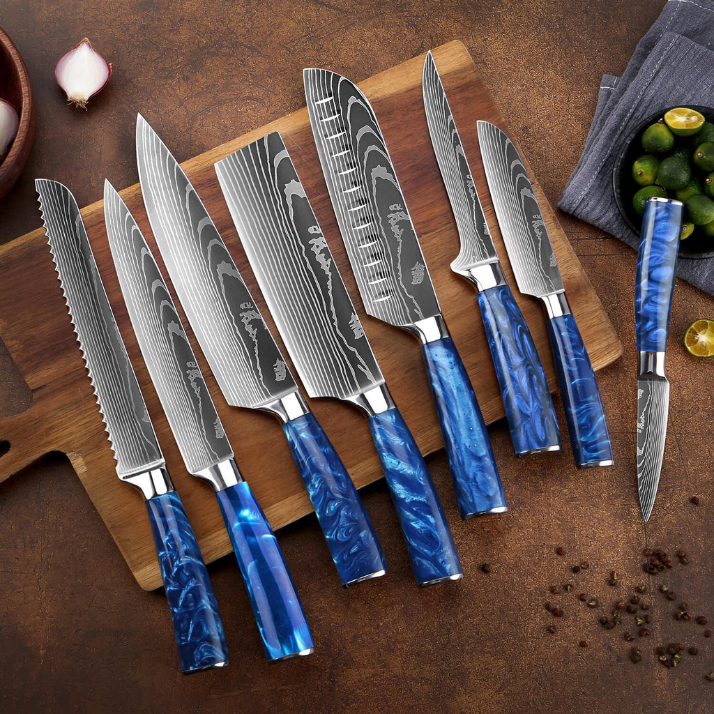 SENKEN 16-Piece Knife Block Set - Japanese High Carbon Stainless Steel with Damascus Pattern, Dark Wood Handles, 6 Steak Knives & Acacia Hardwood Block (Brown)