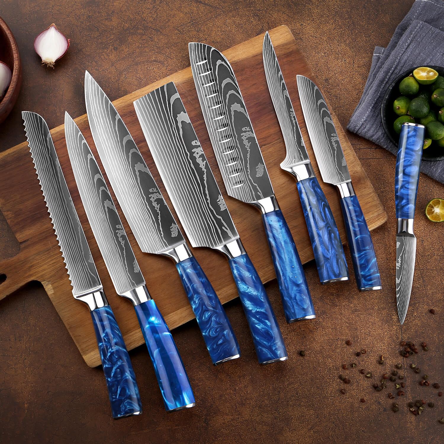 SENKEN 16-Piece Knife Block Set - Japanese High Carbon Stainless Steel with Damascus Pattern, Dark Wood Handles, 6 Steak Knives & Acacia Hardwood Block (Brown)