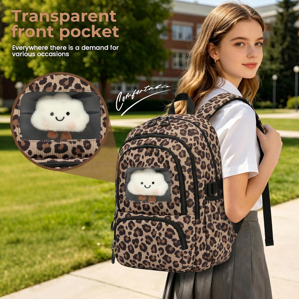 Corduroy School Backpack Set for Girls Boys Women, 3Pcs Kids Bookbag with Lunch Box & Pencil Pouch, Elementary Middle High School College Daypack 15.6" Laptop Bag for Work Travel, Leopard Brown