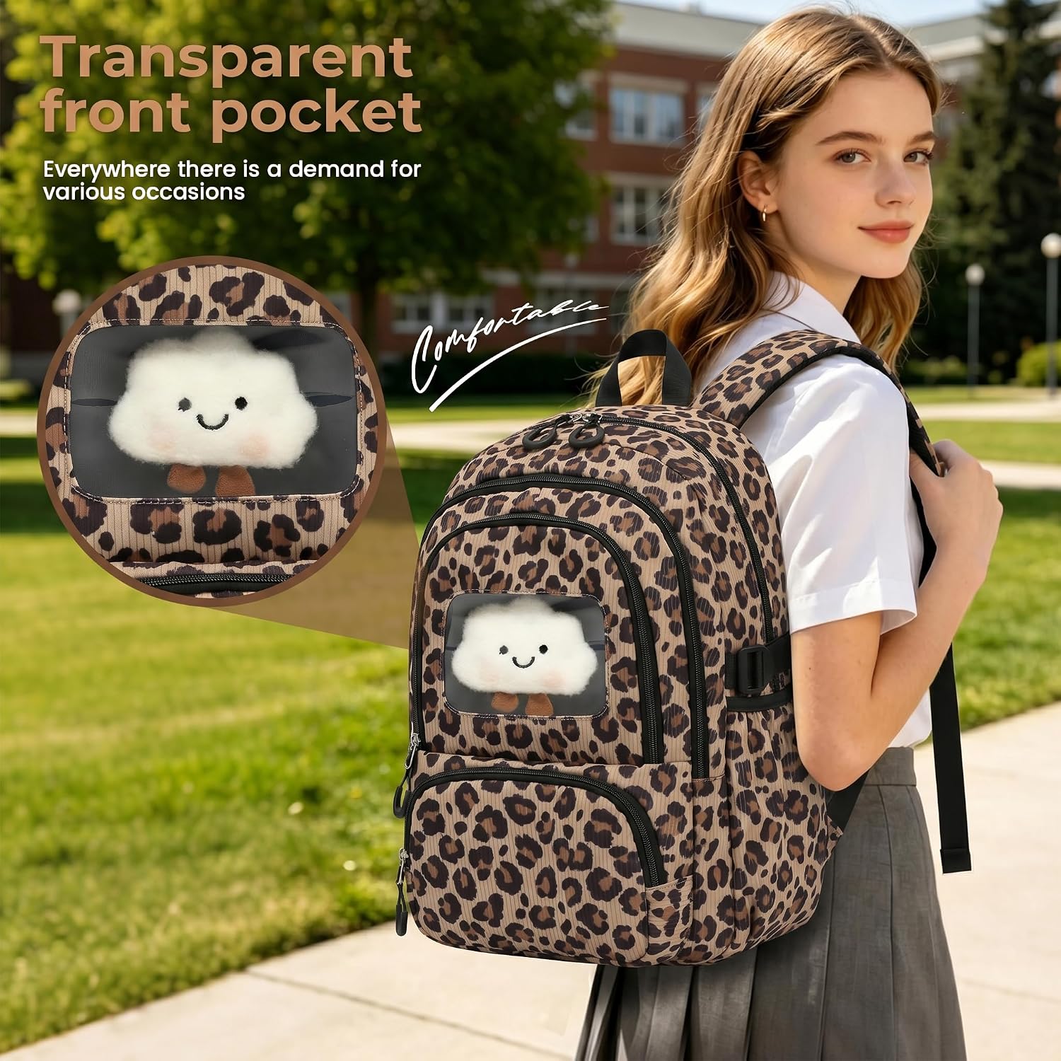 Corduroy School Backpack Set for Girls Boys Women, 3Pcs Kids Bookbag with Lunch Box & Pencil Pouch, Elementary Middle High School College Daypack 15.6" Laptop Bag for Work Travel, Leopard Brown