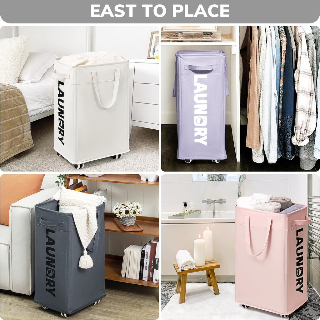 Goodpick Pink Laundry Basket with Wheels, Dorm Room Essentials for Girls, 75L Collapsible Laundry Basket, Laundry Hamper with Handle for College Dorm