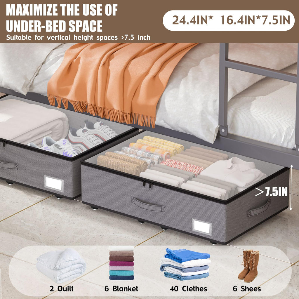 EE-RoomWorld Under Bed Storage with Wheels, No Assemble Required 10 inches height Under Bed Storage bins,Large capacity Rolling Underbed Shoe Storage containers，dorm underbed storage drawers