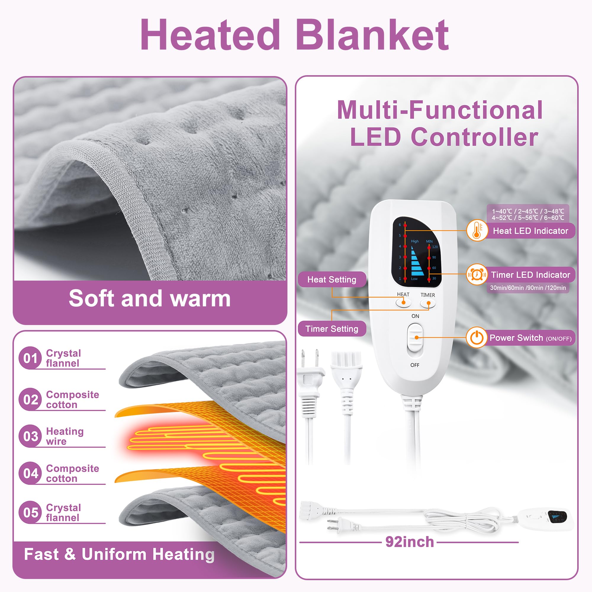 Heating Pad,Heated Blanket,Heating Pad for Back Neck,Silvergray,24x12In | Electric Heating Pad,Dry/Moist Heat Heating Pads,Heating Pads for Shoulder,Abdomen,Knee,Heat Pad for Women Men,Birthday Gift