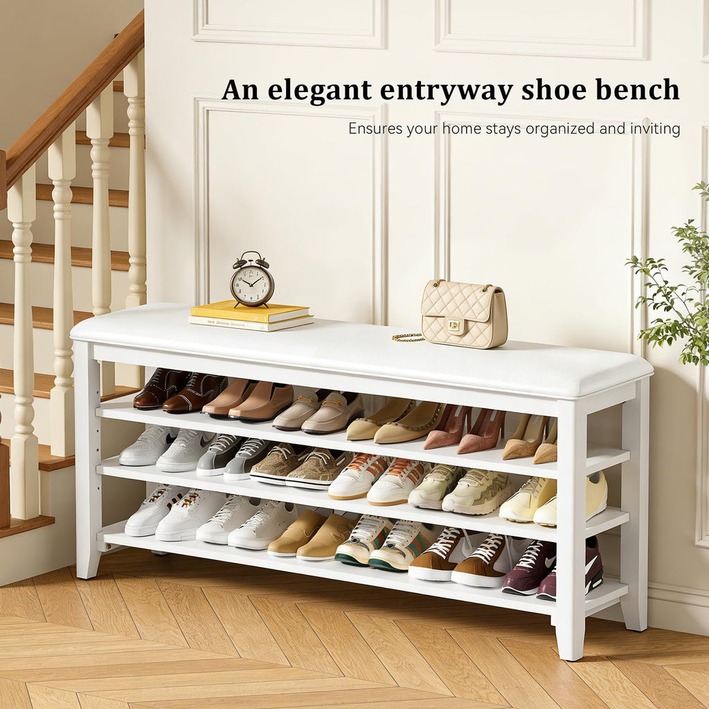 Taitiy Shoe Bench Storage Rubberwood with Leather Cushion for Entryway Bench Ideal for Hallways Shoe Rack Front Doors Entrances Mudrooms Featuring 3 Height-Adjustable and Removable Shelves