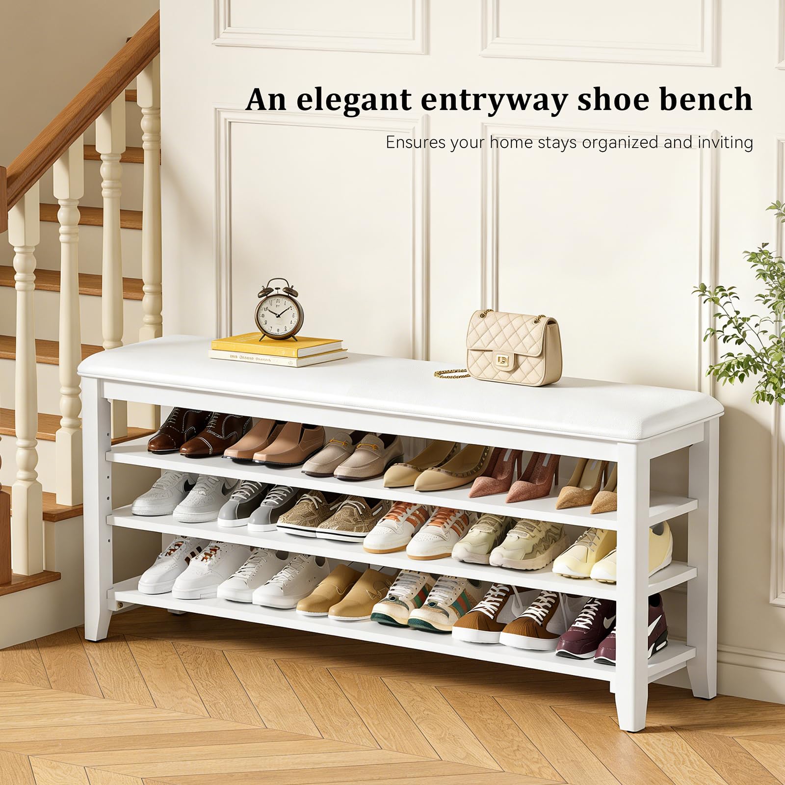 Taitiy Shoe Bench Storage Rubberwood with Leather Cushion for Entryway Bench Ideal for Hallways Shoe Rack Front Doors Entrances Mudrooms Featuring 3 Height-Adjustable and Removable Shelves