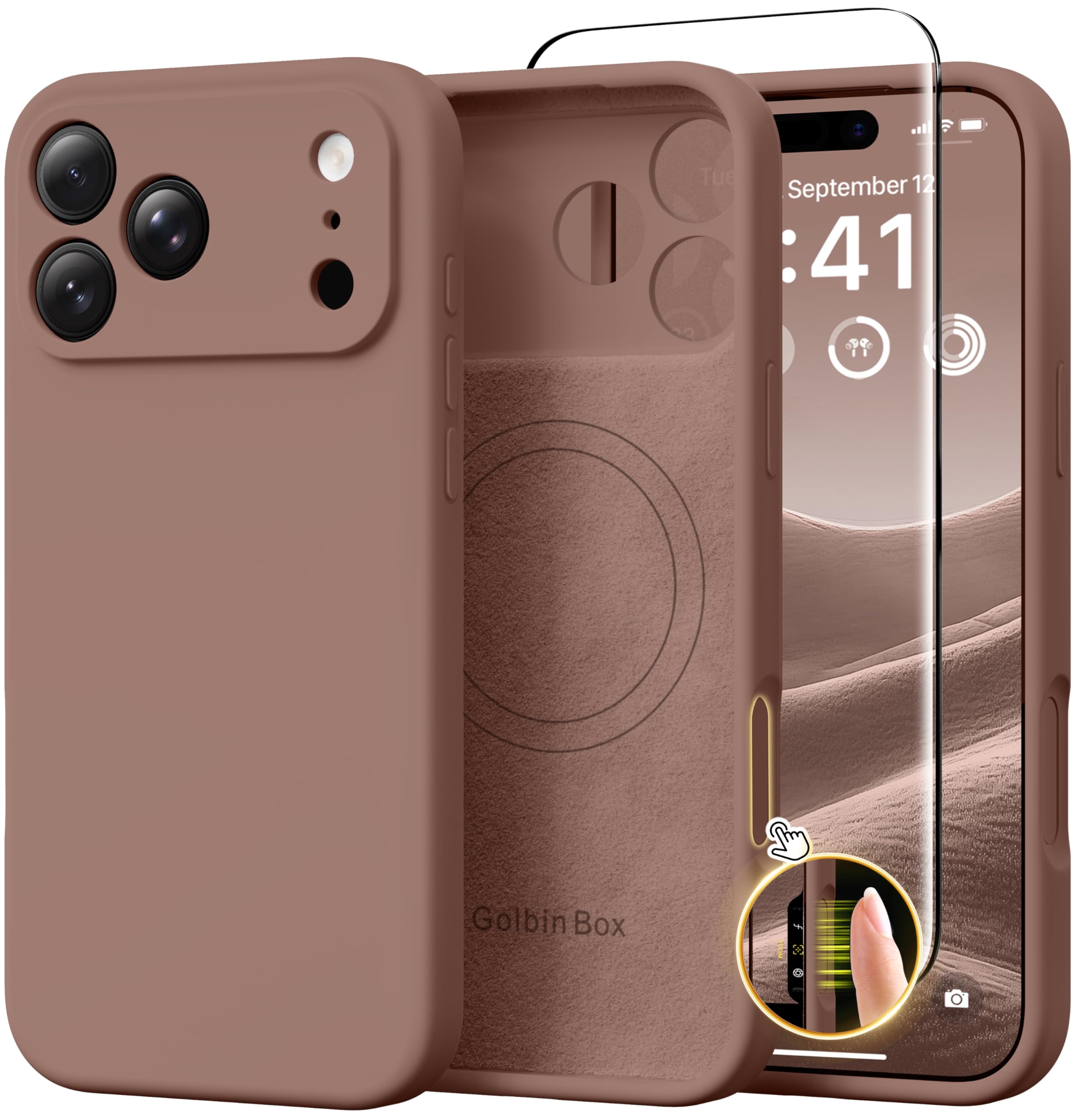 GolbinBox Magnetic for iPhone 17 Pro Max Case, Compatible with MagSafe, [Full Camera Protection] [Screen Protector], Silicone Shockproof Phone Cover with Anti-Scratch Microfiber Lining, Chalk Pink