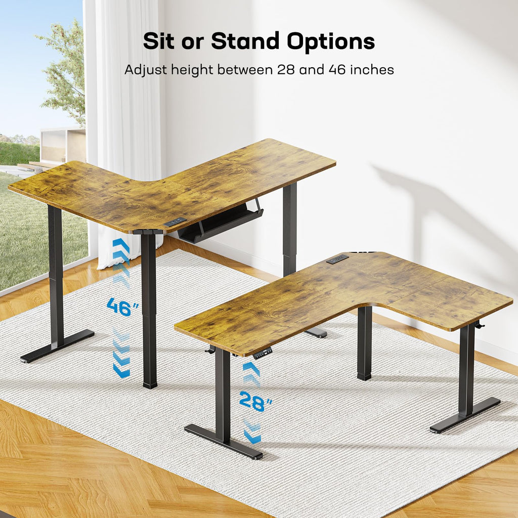 HUANUO 63″ L-Shaped Standing Desk, Built-in Power Outlets, Electric Height Adjustable Corner Computer Desk, Large Power Strip Holder, Sit Stand Up Desk with 3 Preset Heights, Black