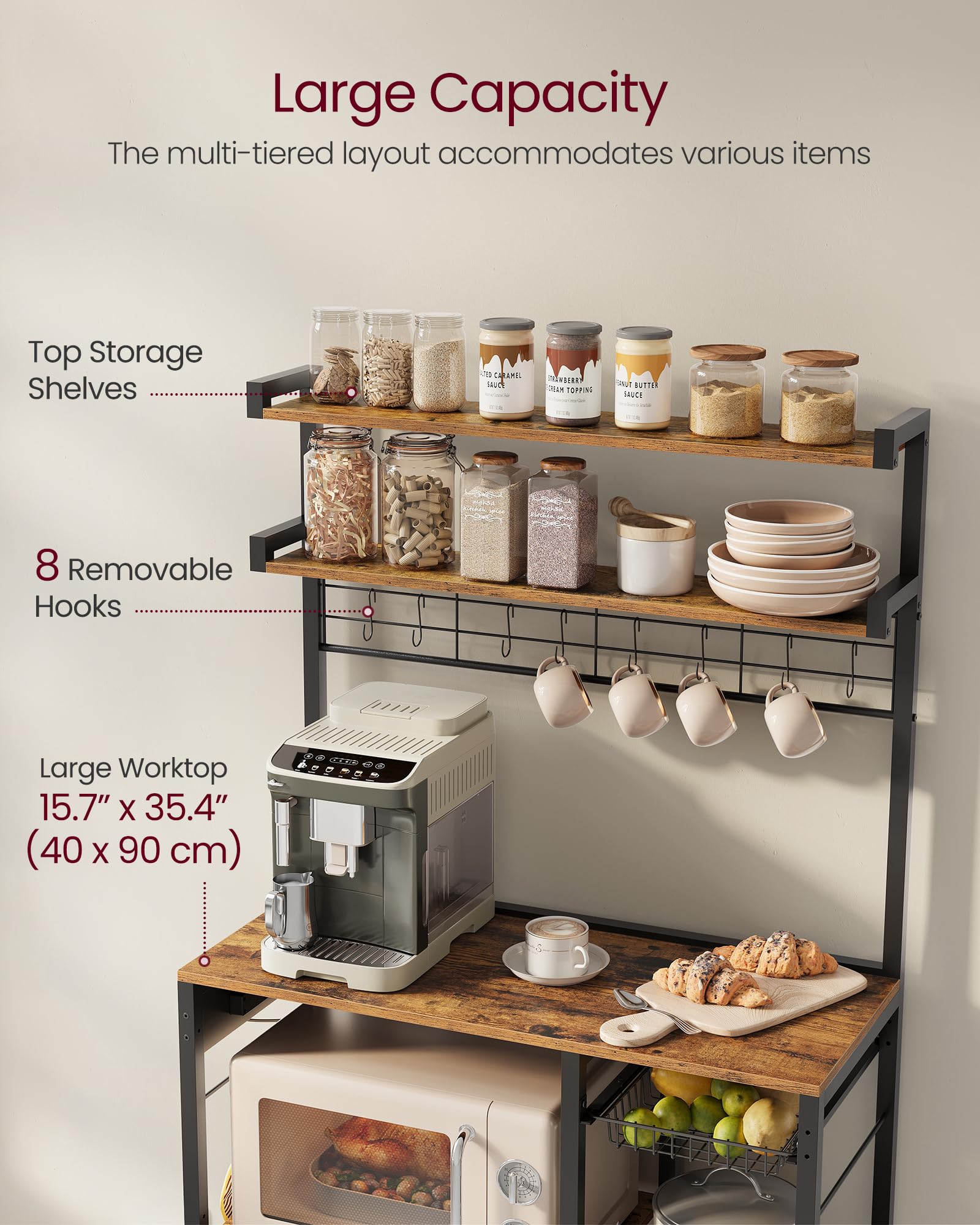 VASAGLE Kitchen Bakers Rack with Power Outlet, Coffee Bar with 35.4-Inch High Worktop, Microwave Stand with 8 Hooks, 15.7 x 31.5 x 66.9 Inches, Golden Oak and Cloud White UKKS059Y01
