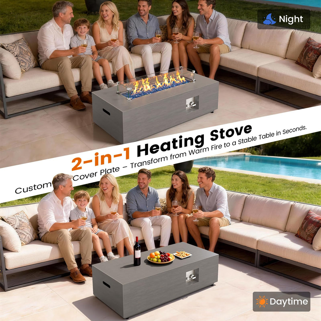 SUNPEAK 42" Modern Fire Pit Table with LED Light 50,000 BTU Deck Fire Pit Table Includes Wind Guard, Lid, Rocks & Cover - Propane Gas Patio Fireplace, Chimenea para Patio (Grey/Golden Light, 42" LED)