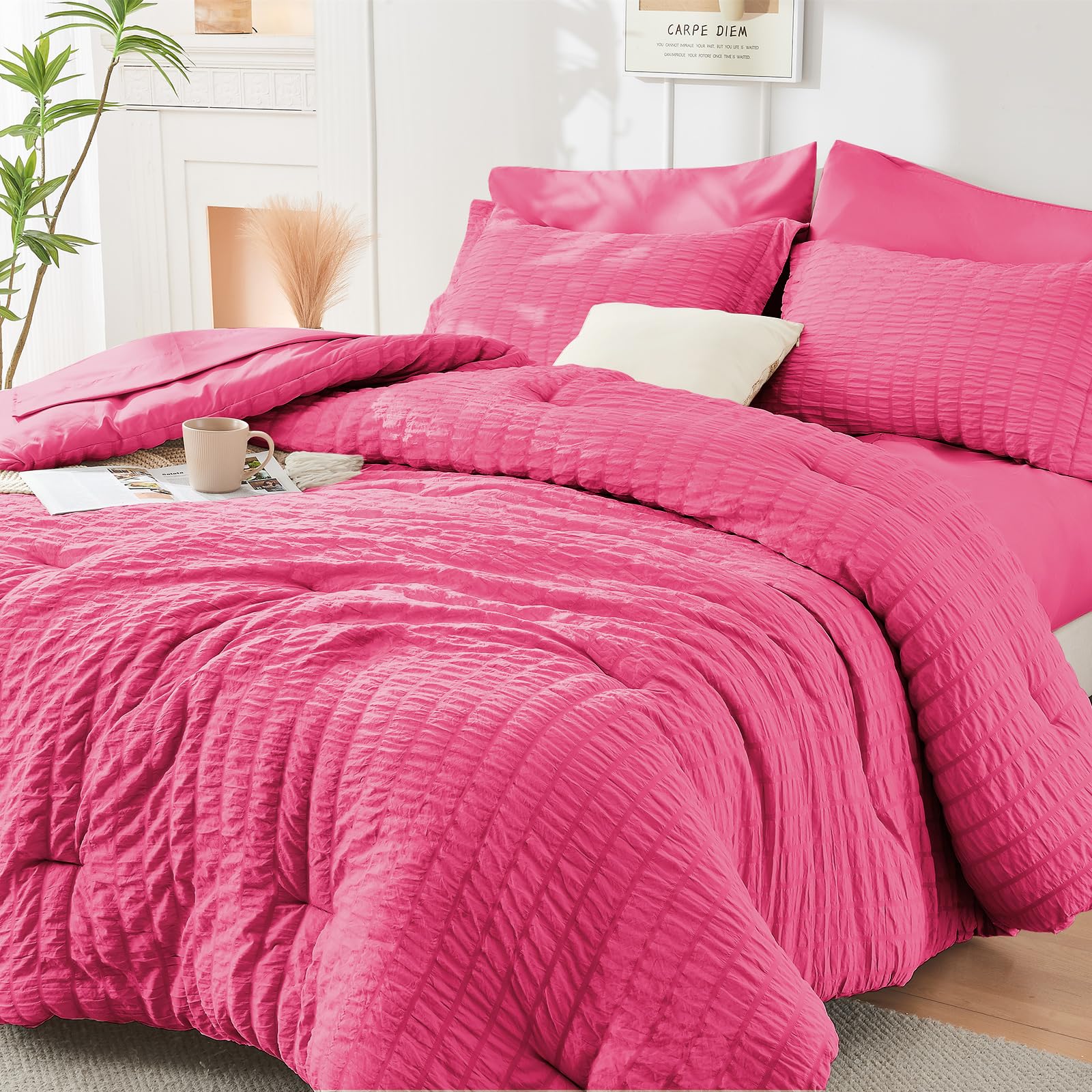 HYMOKEGE Twin XL Comforter Set Seersucker 5 Pieces, All Season Luxury Bed in a Bag for Bedroom, Bedding Set with Comforter, Sheet, Pillowcase & Sham, Dark Grey