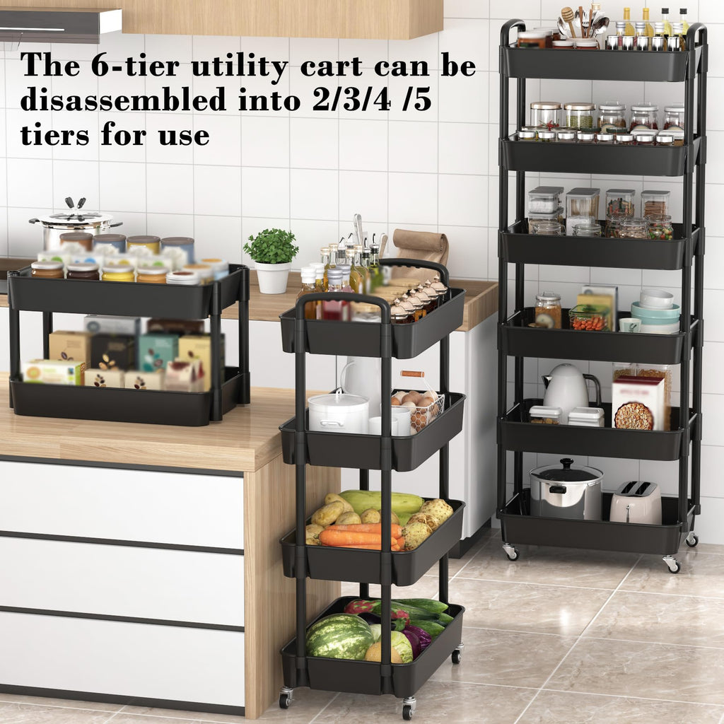 Sywhitta 3-Tier Plastic Rolling Utility Cart with Handle, Multi-Functional Storage Trolley for Office, Living Room, Kitchen, Movable Storage Organizer with Wheels, Black