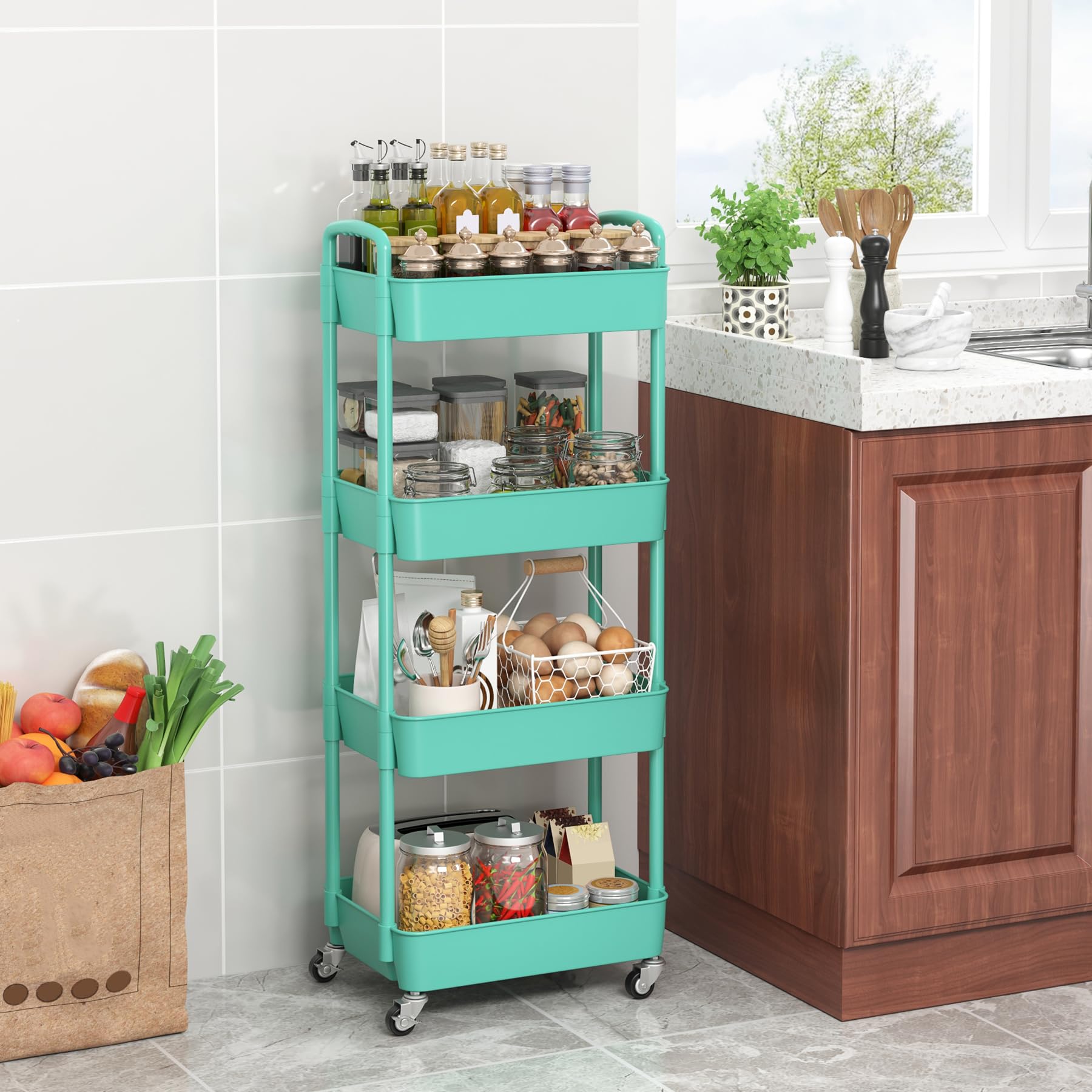 Sywhitta 3-Tier Plastic Rolling Utility Cart with Handle, Multi-Functional Storage Trolley for Office, Living Room, Kitchen, Movable Storage Organizer with Wheels, Black