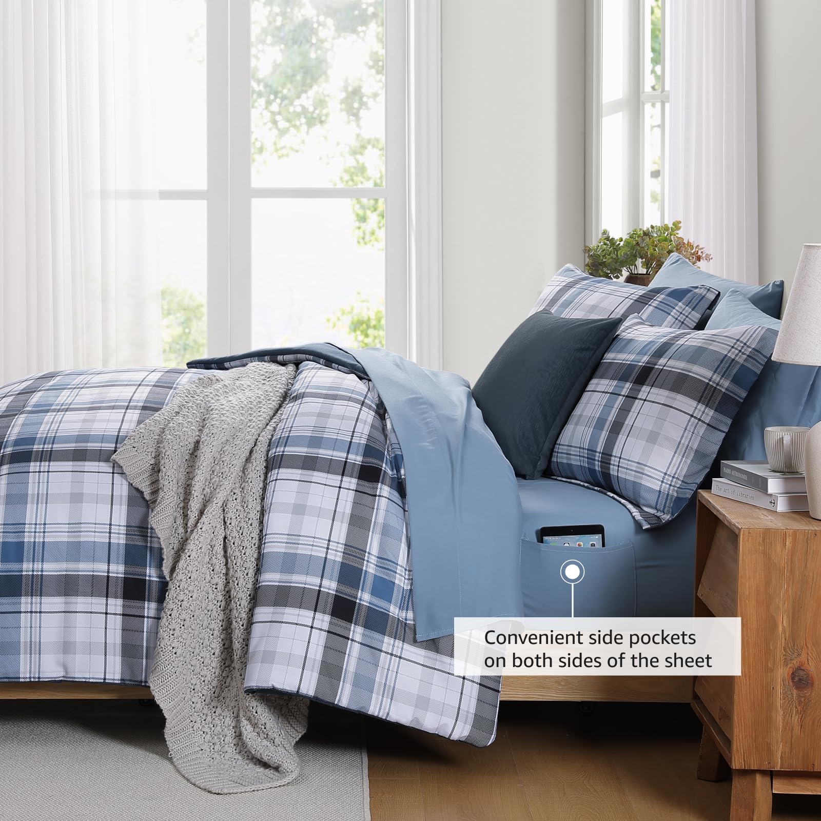 MaiRêve Plaid Twin XL Comforter Set Navy Blue 5 Pieces Dorm Bed in a Bag | Rustic Farmhouse Bedding Sets for Boys Teen with Sheets, Pillowcase & Sham
