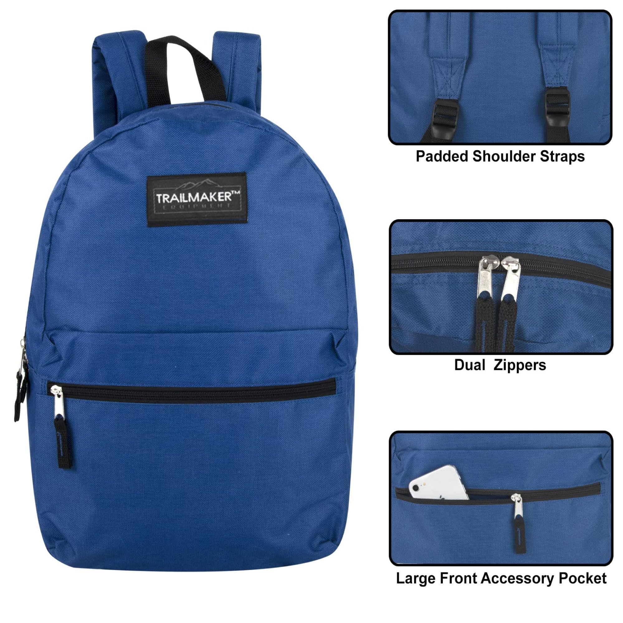 Trail maker 24 Pack- Classic 17 Inch Backpacks in Bulk Wholesale Back Packs for Boys and Girls (Assorted 12 Colors Pack)