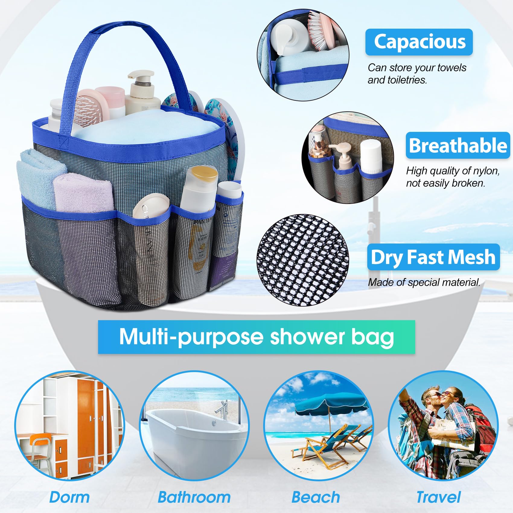 Attmu Mesh Shower Caddy Portable for College Dorm Room Camping Essentials, Shower Caddy Dorm with 9-Pockets, Large Capacity Hanging Basket Bathroom Bag for Toiletry, Swimming, Gym, Camp, Beach