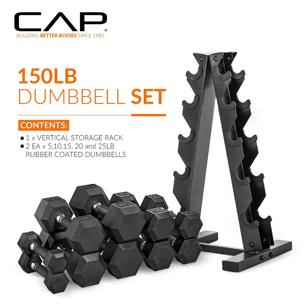 CAP Rubber Coated Hex Dumbbell Set with Storage Rack | 100–210 lb Options, Space-Saving Vertical Compact Storage for Home Gym Strength Training