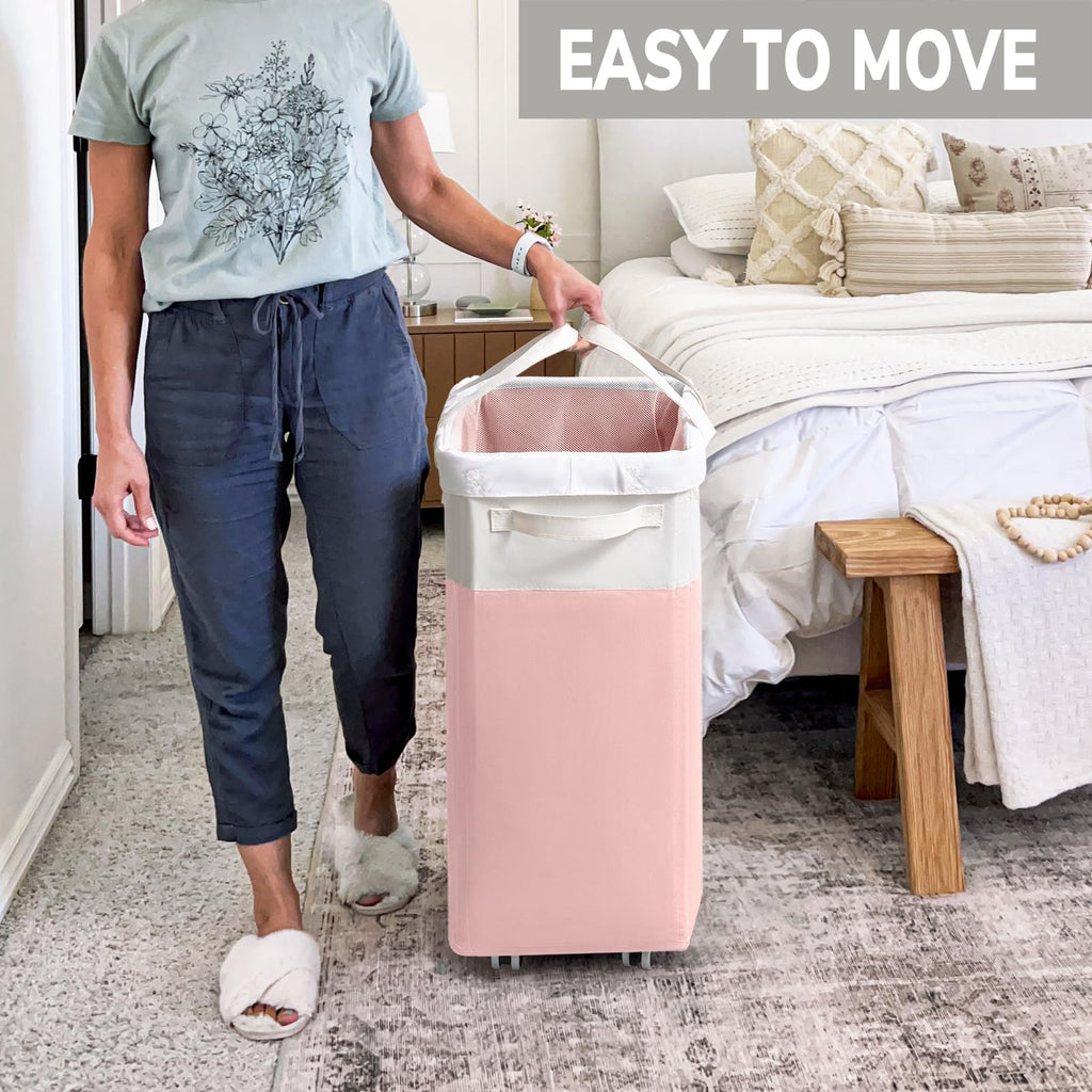 Goodpick Pink Laundry Basket with Wheels, Dorm Room Essentials for Girls, 75L Collapsible Laundry Basket, Laundry Hamper with Handle for College Dorm
