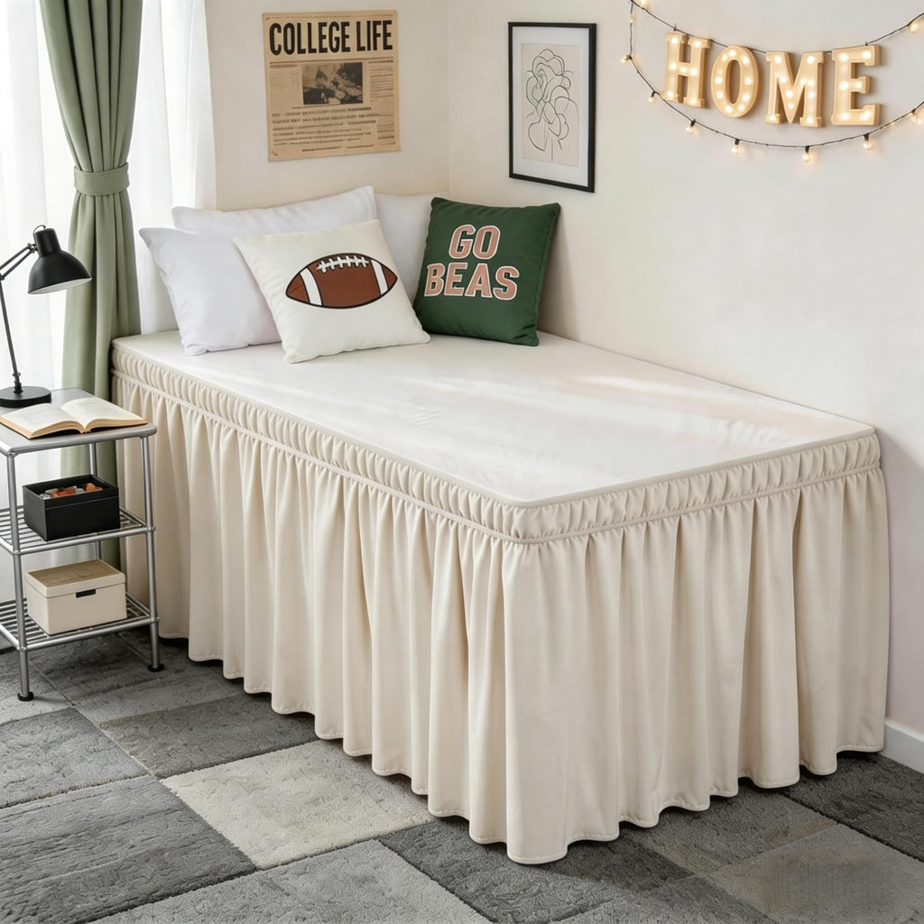 RIMELA Dorm Bed Skirt Twin XL 32 Inch Drop, Easy to Install Extra Long Wrap Around Elastic Dust Ruffle, White Bedskirt Solid Silky Fabric Machine Washable, Bedroom Decor