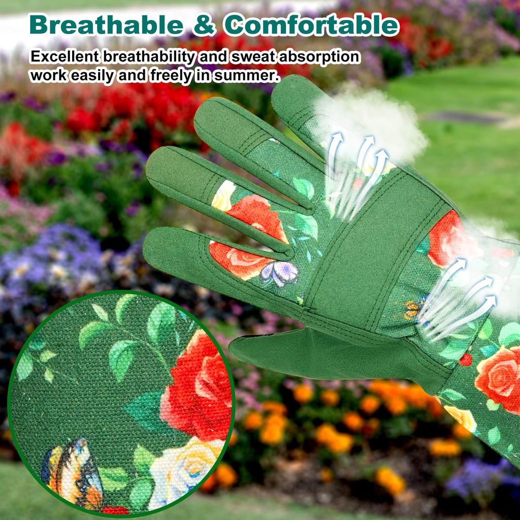 DLY Garden Gloves for Women,Gardening Gloves,Gardening Gift for Lady,Blue,M | Thornproof Cowhide Palm, Foam-Padded Grip, Long Sunflower Print Cuff, 3-Finger Touchscreen, Rose Pruning, Weeding & Yard Work