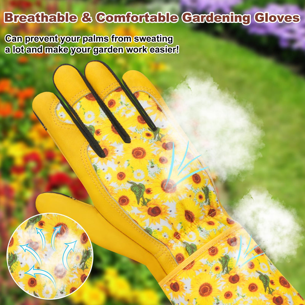 DLY Garden Gloves for Women,Gardening Gloves,Gardening Gift for Lady,Blue,M | Thornproof Cowhide Palm, Foam-Padded Grip, Long Sunflower Print Cuff, 3-Finger Touchscreen, Rose Pruning, Weeding & Yard Work