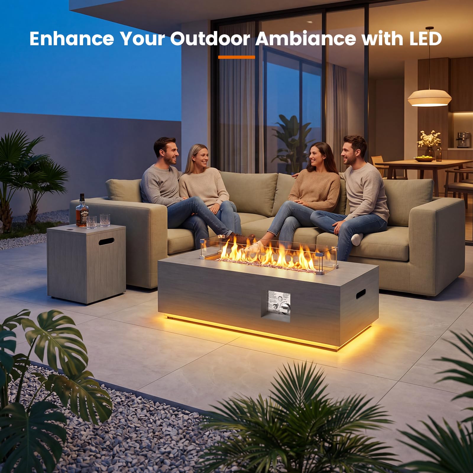 SUNPEAK 42" Modern Fire Pit Table with LED Light 50,000 BTU Deck Fire Pit Table Includes Wind Guard, Lid, Rocks & Cover - Propane Gas Patio Fireplace, Chimenea para Patio (Grey/Golden Light, 42" LED)