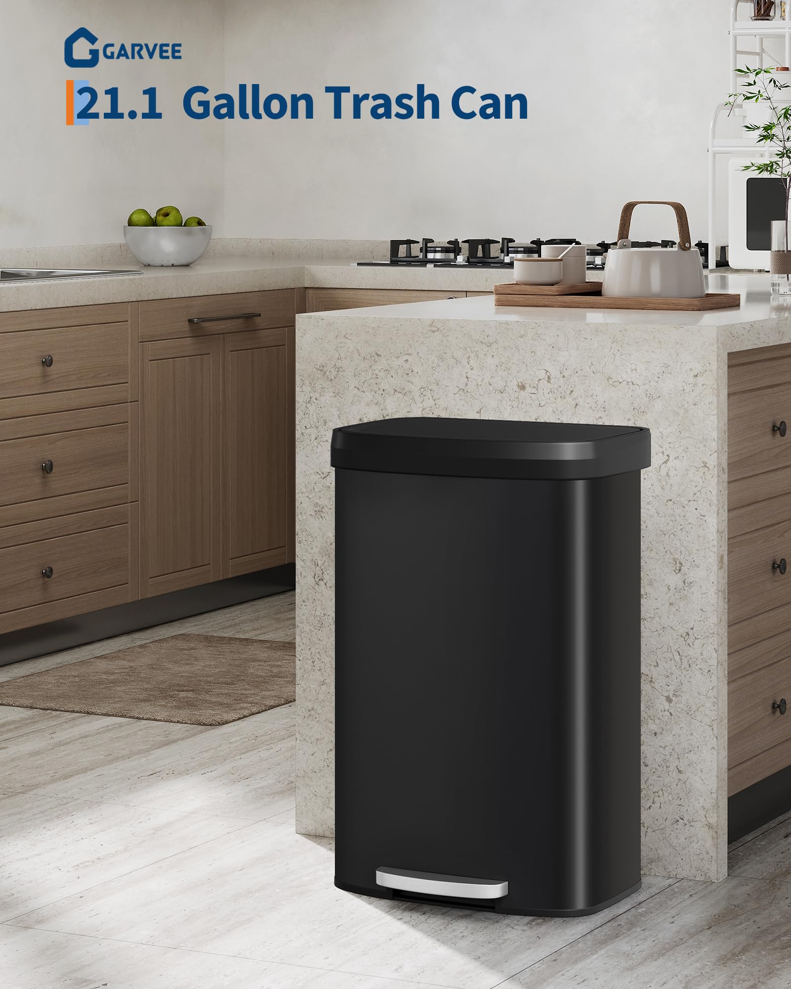 Garvee 13 gal / 50 L Stainless Steel Trash Can with Lid, Large Garbage Can for Kitchen, Rustproof Step-on Kitchen Metal Trash Bin with Liner Rim, Rear Handle, Soft Close Plastic Lid, Silver