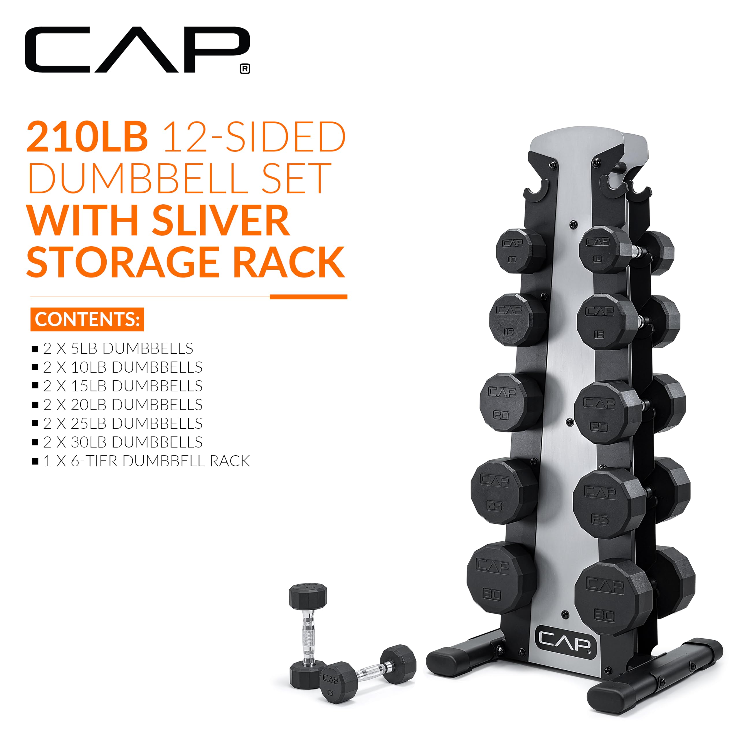 CAP Rubber Coated Hex Dumbbell Set with Storage Rack | 100–210 lb Options, Space-Saving Vertical Compact Storage for Home Gym Strength Training
