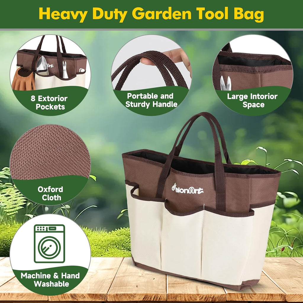 MelonArt Garden Tool Set,10 Pcs Heavy Duty Gardening Hand Tool Kit for Women Aluminum with Non Slip Ergonomic Handle, Storage Tote Bag and Gardening Gloves, Ideal Gifts for Women and Men