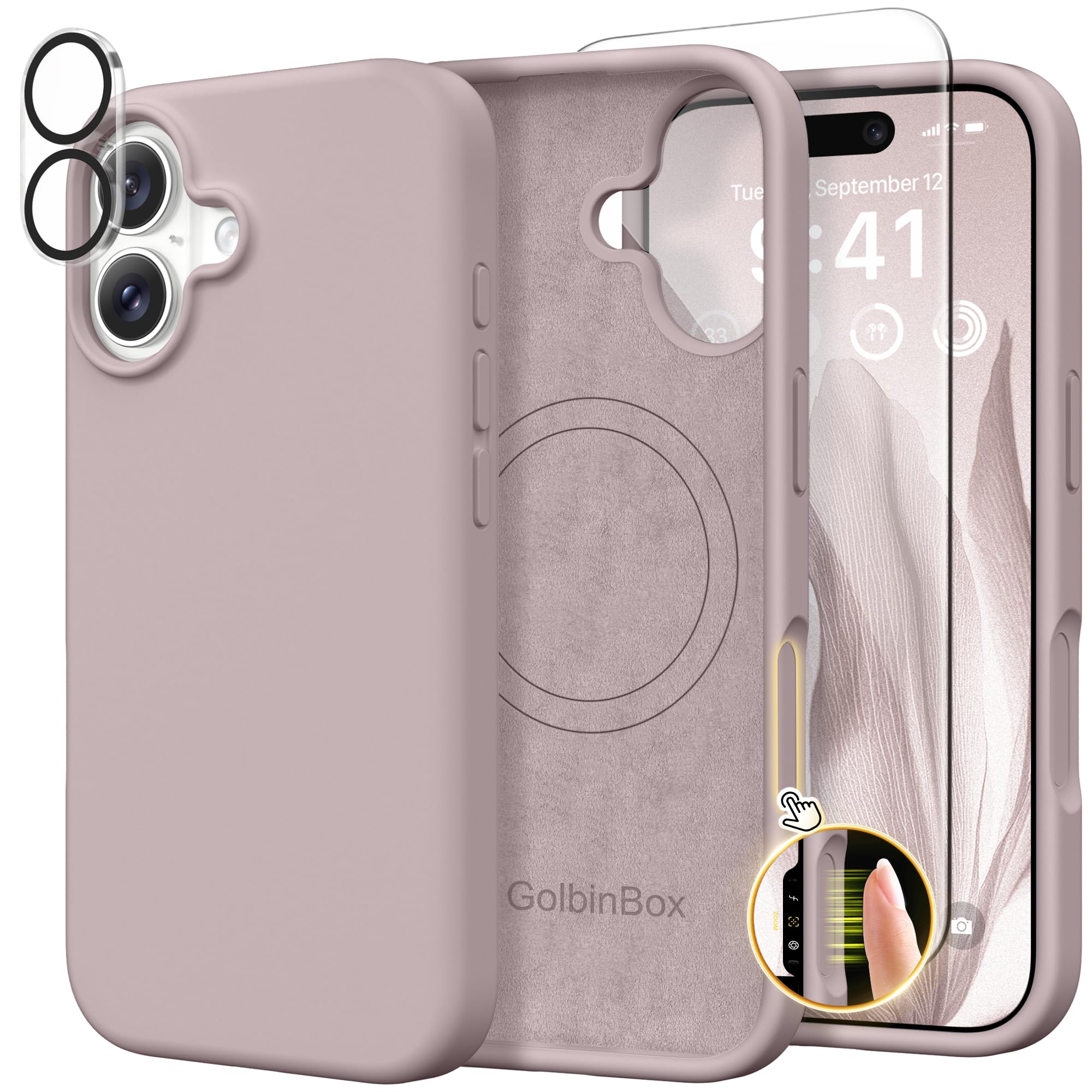 GolbinBox Magnetic for iPhone 17 Pro Max Case, Compatible with MagSafe, [Full Camera Protection] [Screen Protector], Silicone Shockproof Phone Cover with Anti-Scratch Microfiber Lining, Chalk Pink