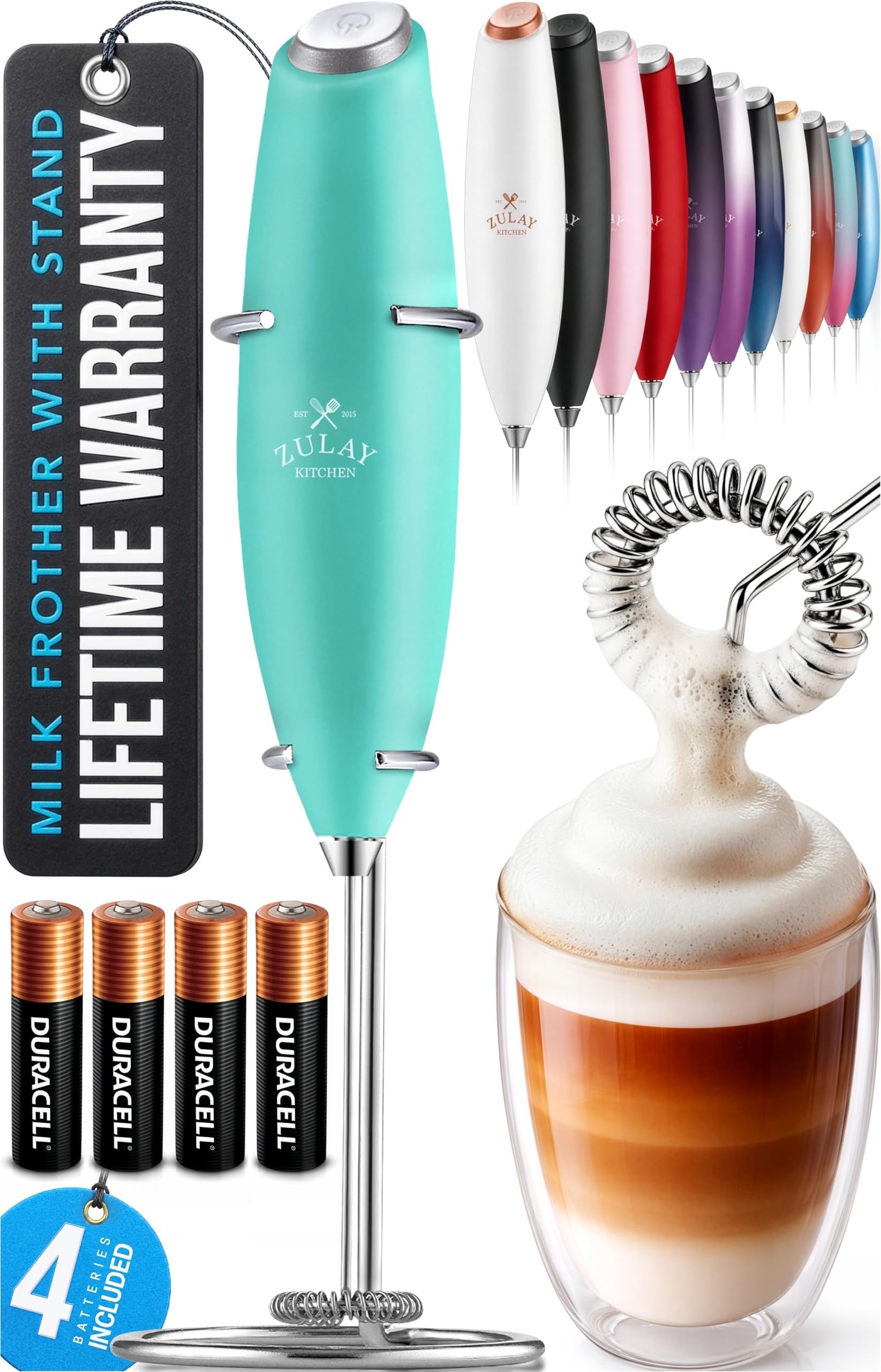 Zulay Kitchen Powerful Milk Frother Wand With Duracell Batteries - Ultra Fast Handheld Drink Mixer - Electric Whisk Foam Maker for Coffee, Lattes, Cappuccino & Matcha - Z1 Motor - Black