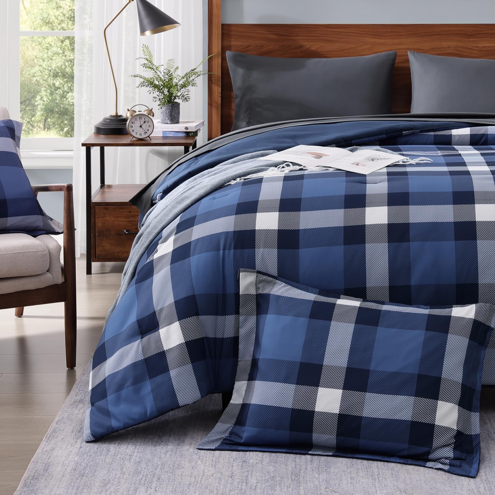 MaiRêve Plaid Twin XL Comforter Set Navy Blue 5 Pieces Dorm Bed in a Bag | Rustic Farmhouse Bedding Sets for Boys Teen with Sheets, Pillowcase & Sham