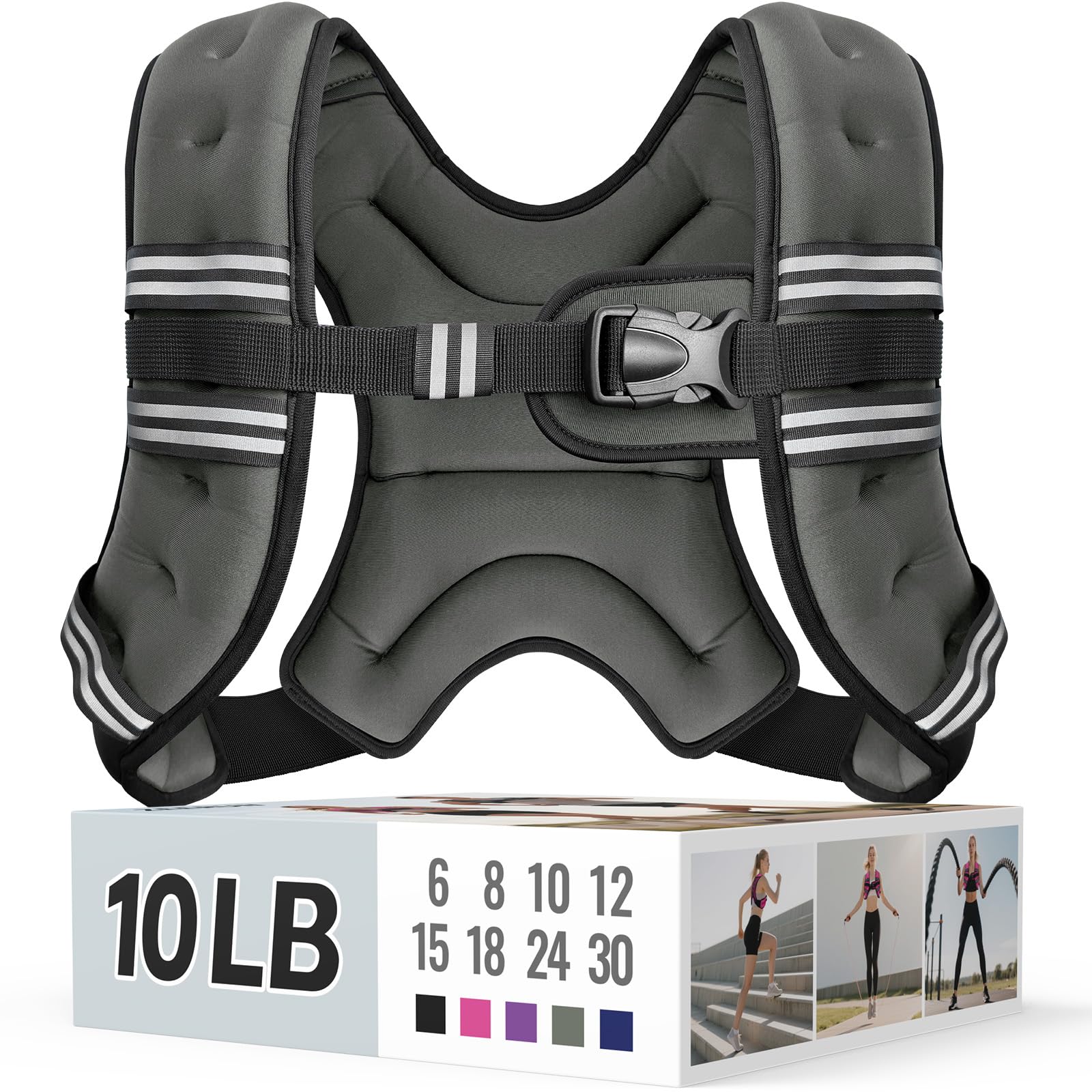 Zeerun Weighted Vest, 6lb/8lb/10lb/12lb/15lb/18lb/20lb/24lb/30lb for Men Women, Reflective Stripe Adjustable Buckle, Comfortable Durable Rucking Vest for Walking Running Strength Training