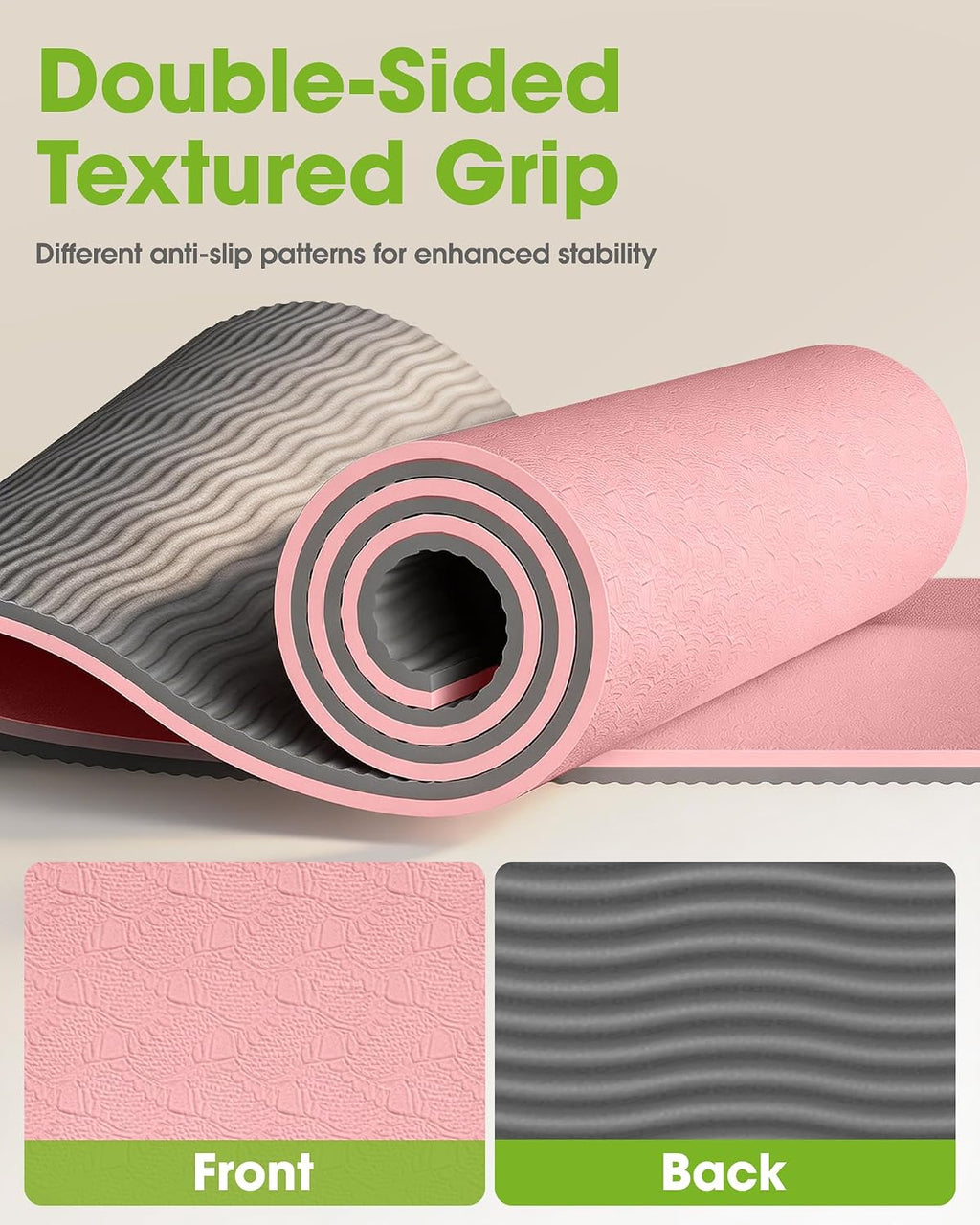 Pureegg Non Slip Yoga Mat, TPE, 72" x 24" x 0.24", Pilates | Workouts, Exercise, Core Training, Dual-Sided Texture, Stays Flat, Portable, With Strap & Carry Bag