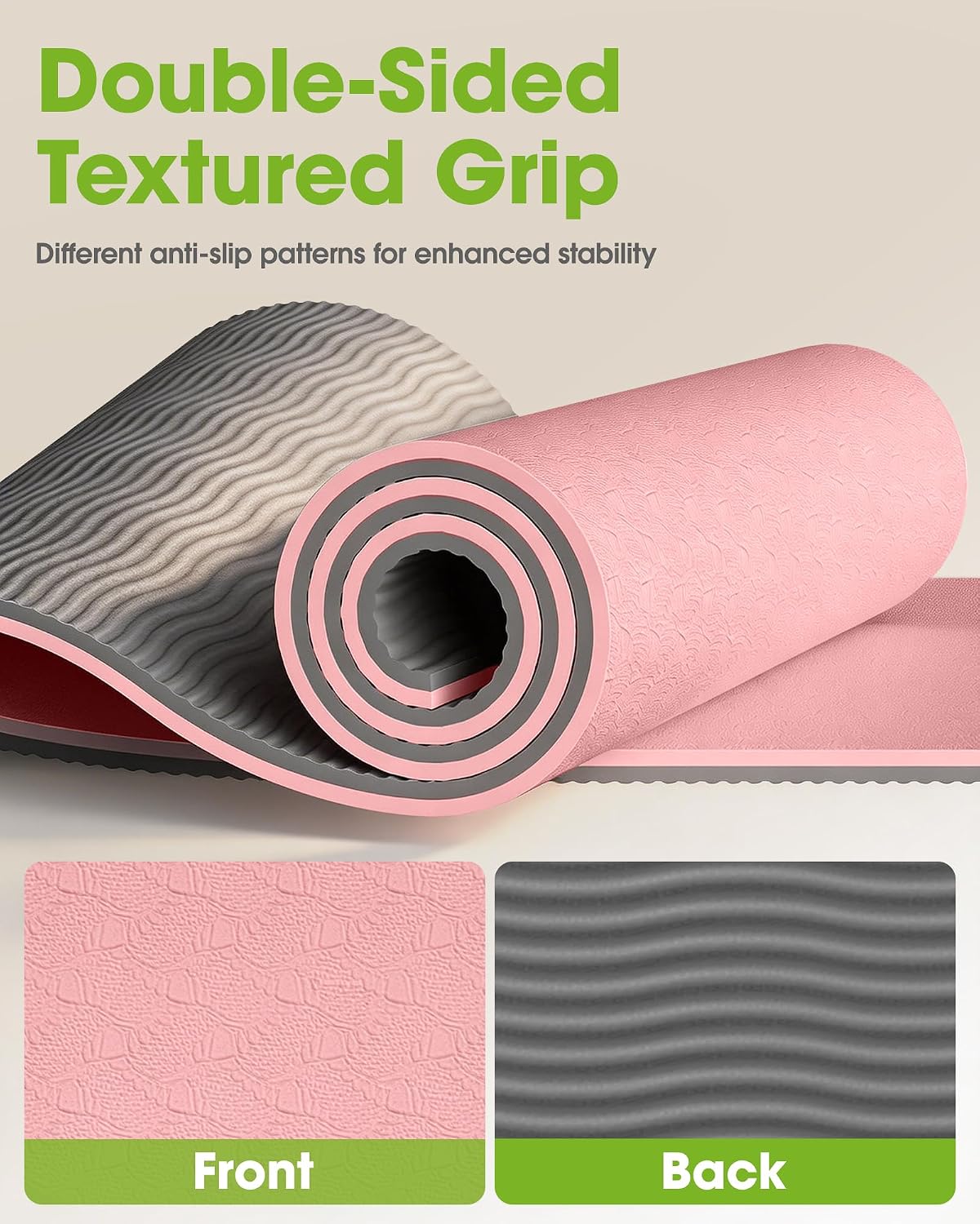 Pureegg Non Slip Yoga Mat, TPE, 72" x 24" x 0.24", Pilates | Workouts, Exercise, Core Training, Dual-Sided Texture, Stays Flat, Portable, With Strap & Carry Bag