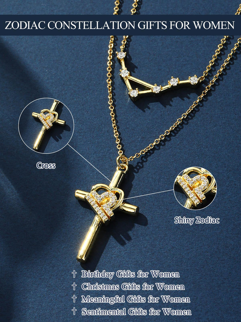14K Gold Zodiac Cross Layered Necklace for Women - Horoscope Constellation Pendant with Cross,Luxury Anniversary Birthday Mothers Day Gifts Jewelry (12 Zodiac Signs)