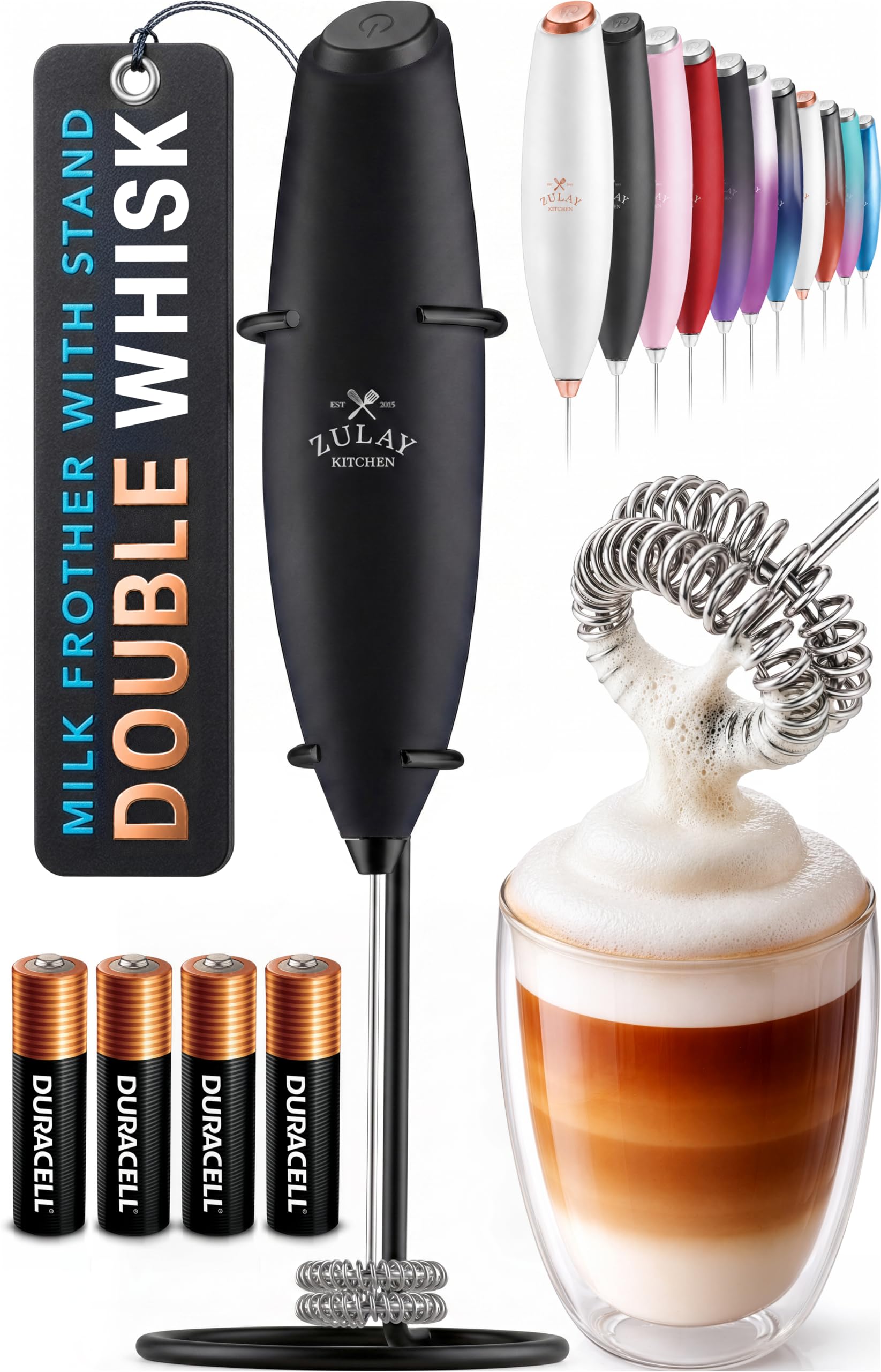 Zulay Kitchen Powerful Milk Frother Wand With Duracell Batteries - Ultra Fast Handheld Drink Mixer - Electric Whisk Foam Maker for Coffee, Lattes, Cappuccino & Matcha - Z1 Motor - Black