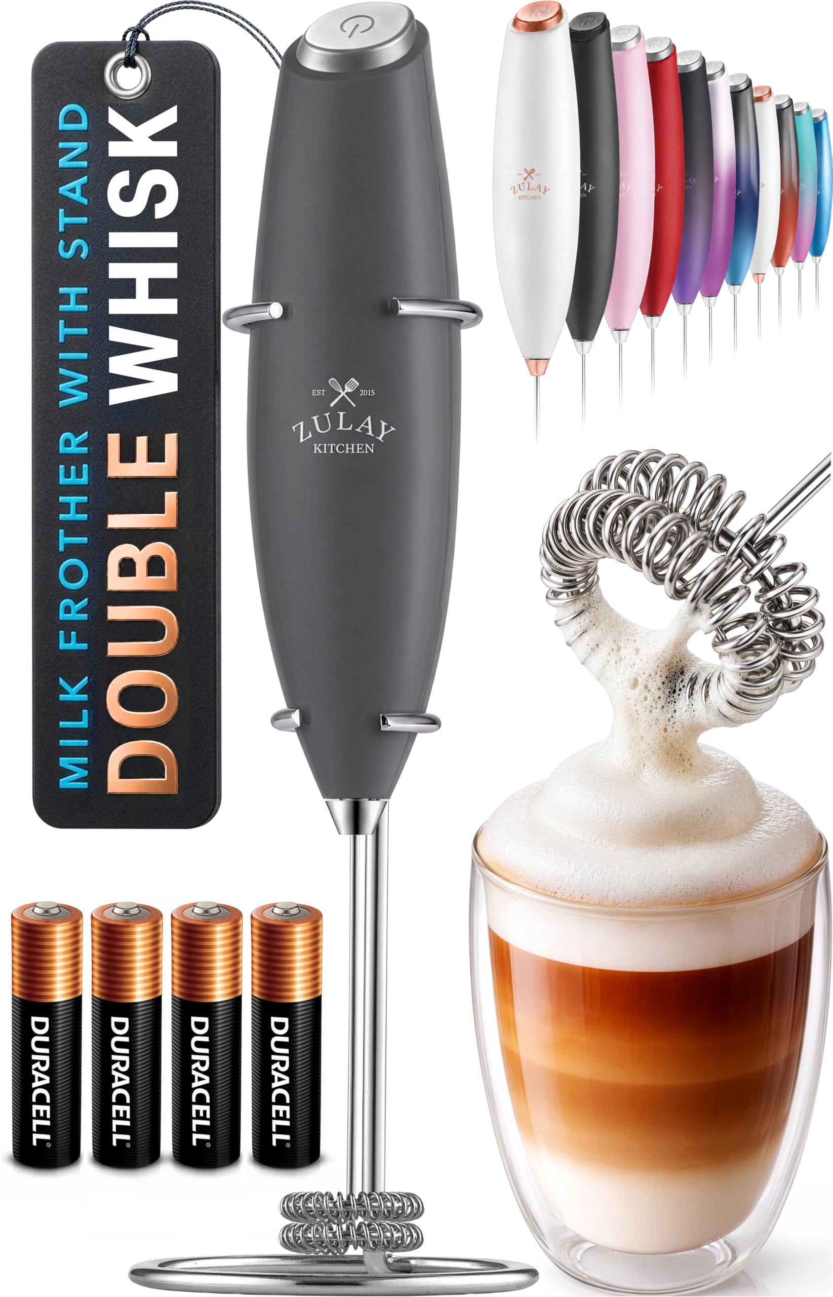 Zulay Kitchen Powerful Milk Frother Wand With Duracell Batteries - Ultra Fast Handheld Drink Mixer - Electric Whisk Foam Maker for Coffee, Lattes, Cappuccino & Matcha - Z1 Motor - Black