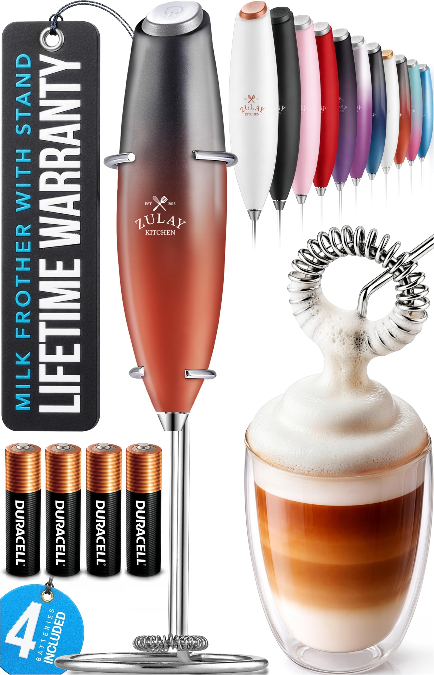 Zulay Kitchen Powerful Milk Frother Wand With Duracell Batteries - Ultra Fast Handheld Drink Mixer - Electric Whisk Foam Maker for Coffee, Lattes, Cappuccino & Matcha - Z1 Motor - Black
