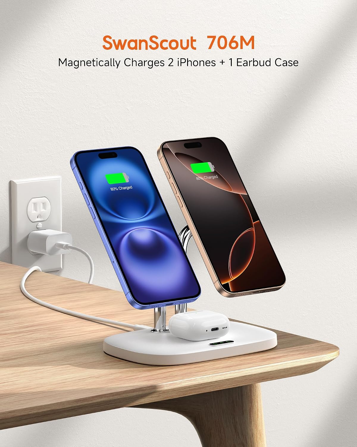 Charging Station for Mag Safe Charger, 3 in 1 Wireless Charger for iPhone Air/17/16/15/14/13/12 Series, for Apple Watch & Air Pods, SwanScout 707M (No Adapter)